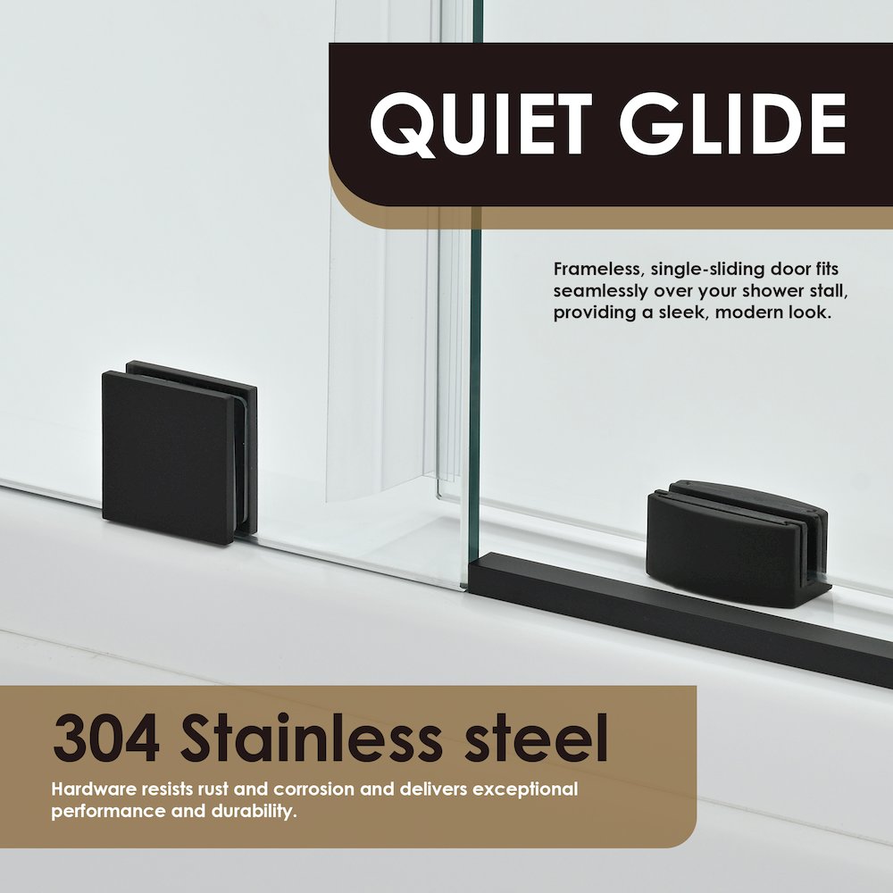 Single Sliding Frameless Tub Door in Matte Black with Clear Glass. Picture 7