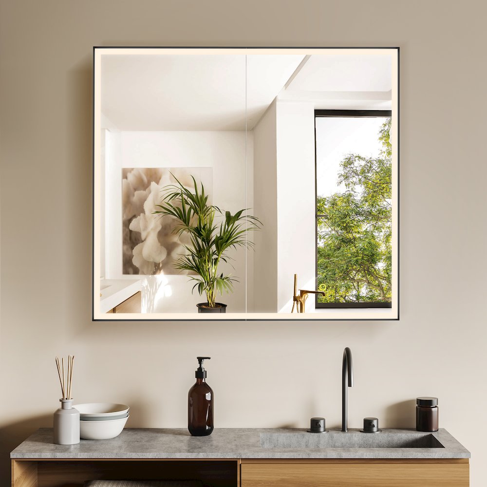 36"x32" Rectangular Bathroom Black Aluminum Mirror Medicine Cabinet. Picture 2