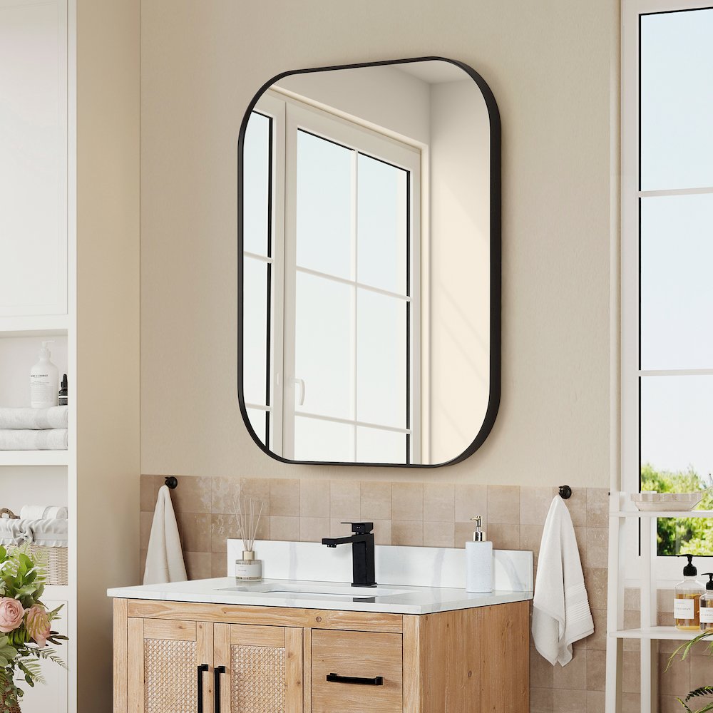 36x30" Rectangular Aluminum Framed in Matte Black Modern Bathroom Wall Mirror. Picture 3