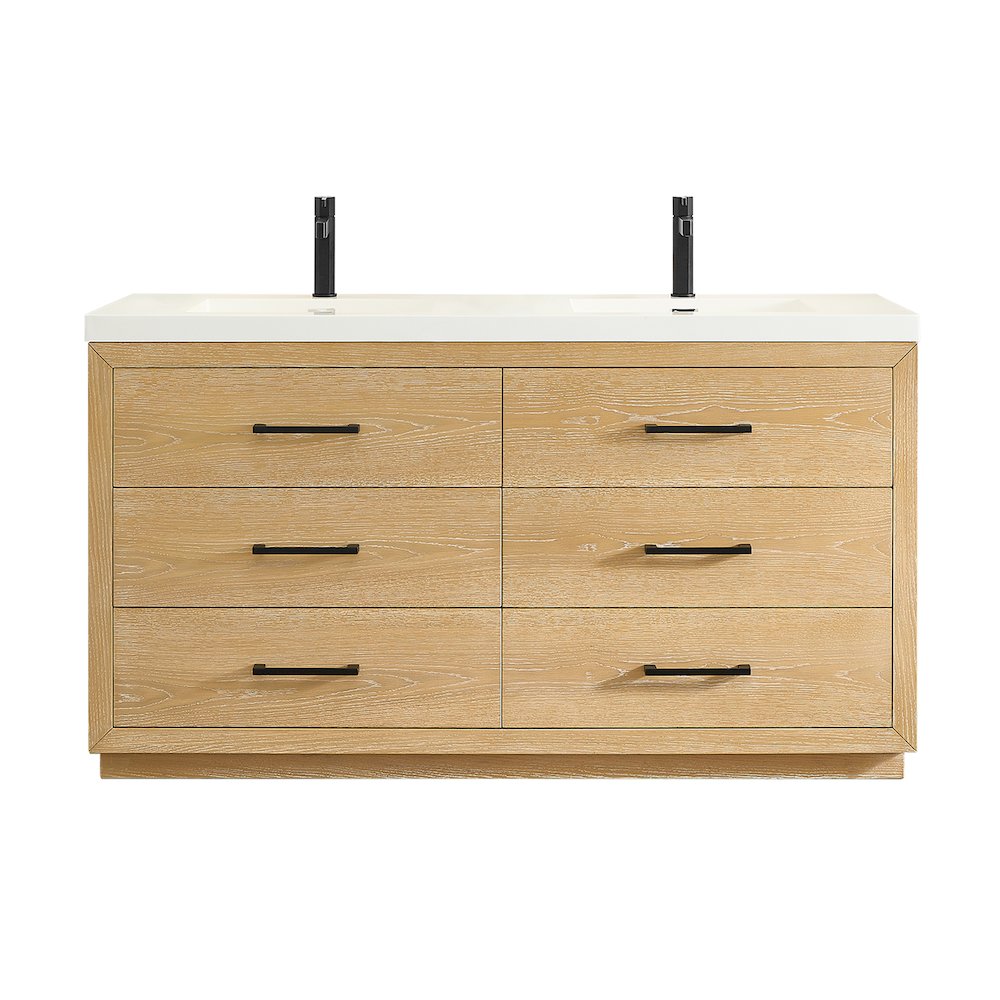 60" Double Bathroom Vanity in White Oak with White Artificial Drop-in Sink. Picture 1