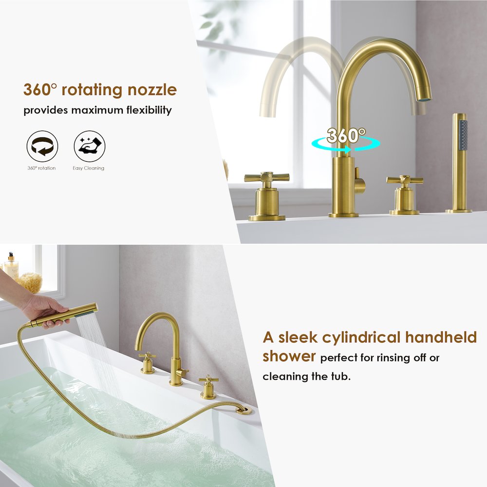 Cross Handles Deck-Mount Roman Tub Faucet in Brushed Gold with Handshower. Picture 10