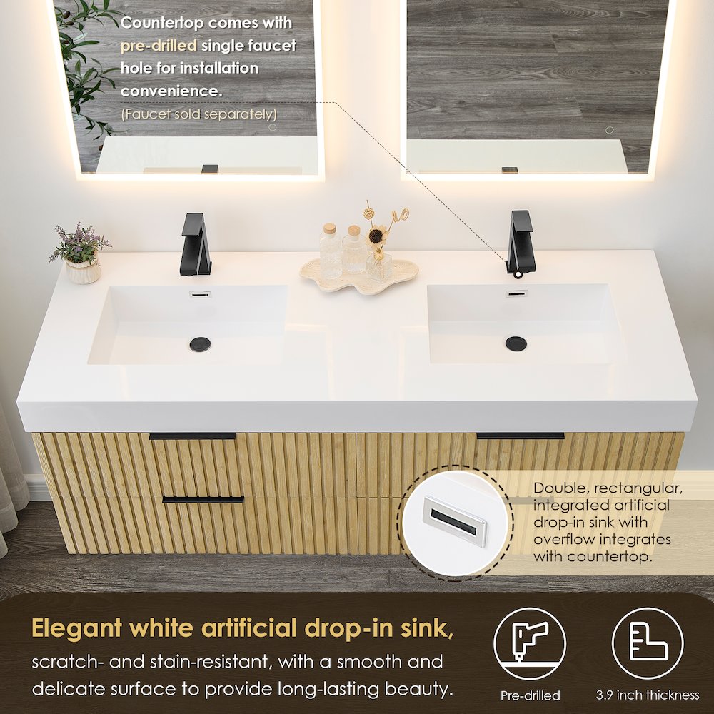 Double Bathroom Vanity in Nature Brown White Artificial Drop-in Sink. Picture 6