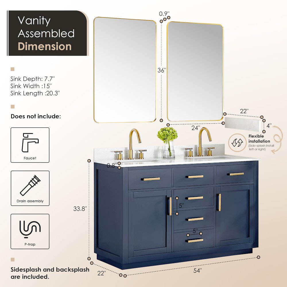 54" Double Bathroom Vanity in Royal Blue with Grain White. Picture 11