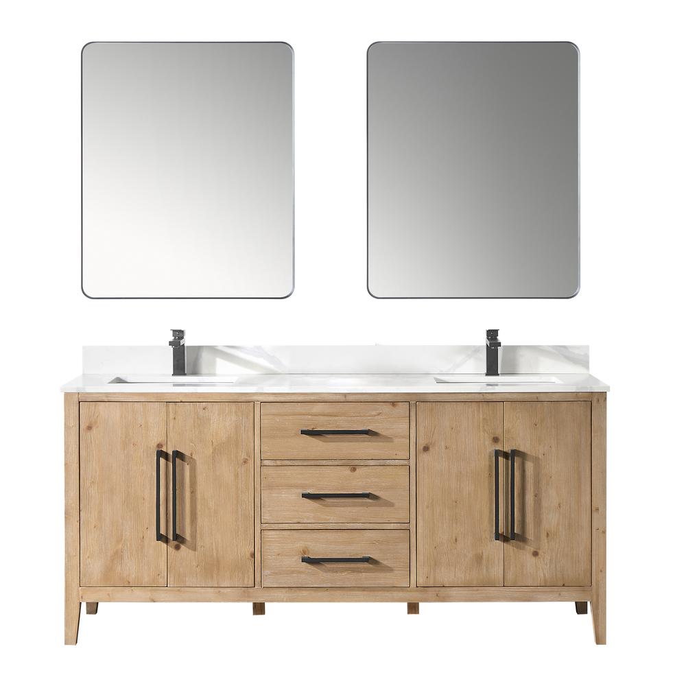 Double Bathroom Vanity in Weathered Fir with Stone Countertop with Mirror. Picture 1