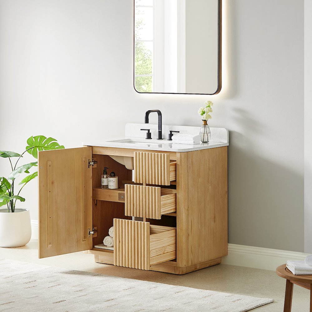 36" Single Bathroom Vanity in Washed Light Brown with Grain White. Picture 4