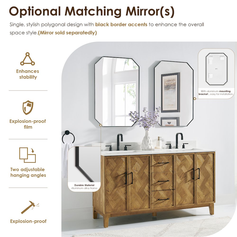 Clara 60" Double Bathroom Vanity in Weathered Brown. Picture 15
