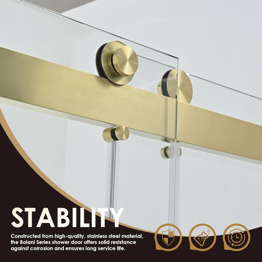 Frameless Exposed Roller Shower Door in Brushed Gold with Clear Glass. Picture 9