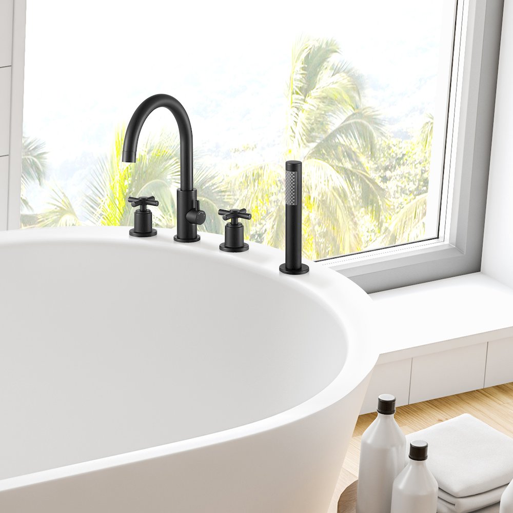 Cross Handles Deck-Mount Roman Tub Faucet in Matte Black with Handshower. Picture 4
