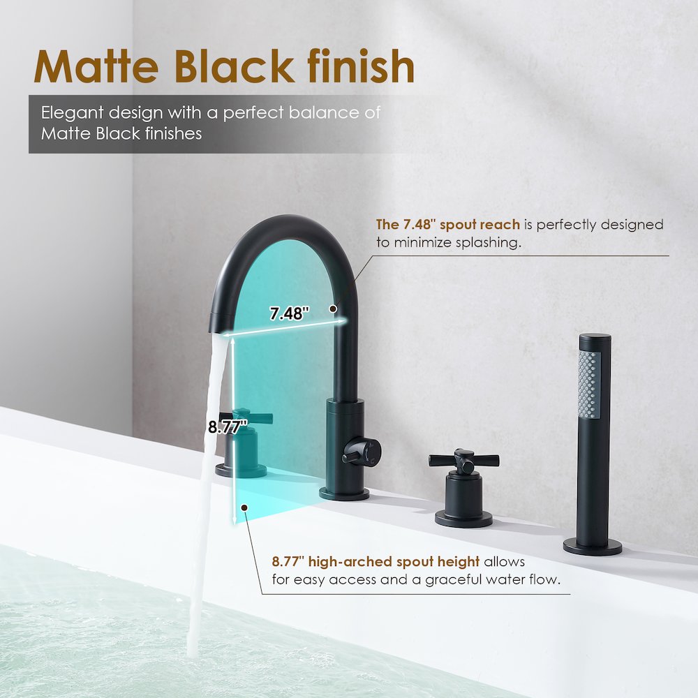 Cross Handles Deck-Mount Roman Tub Faucet in Matte Black with Handshower. Picture 11