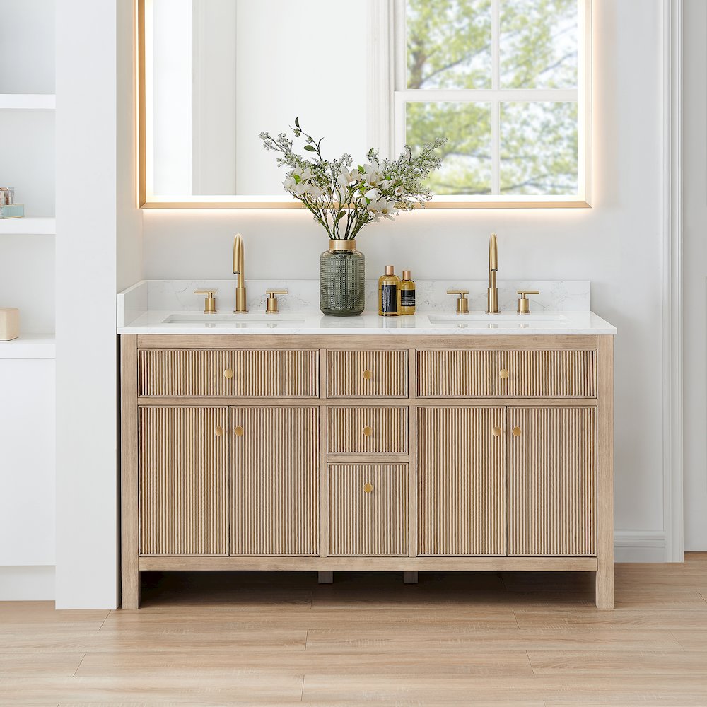 Double Bathroom Vanity in Nature Oak Grain White Engineered Stone Countertop. Picture 2