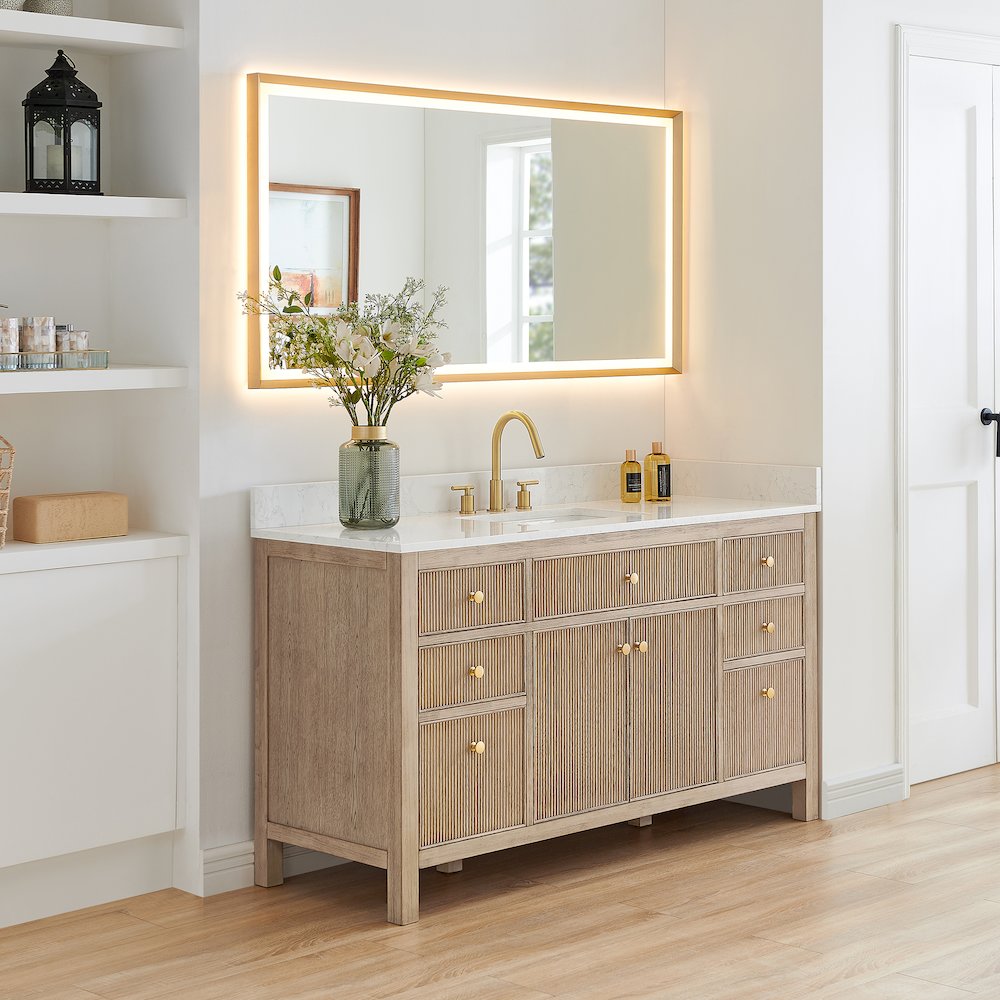 Single Bathroom Vanity in Nature Oak Grain White Engineered Stone Countertop. Picture 3