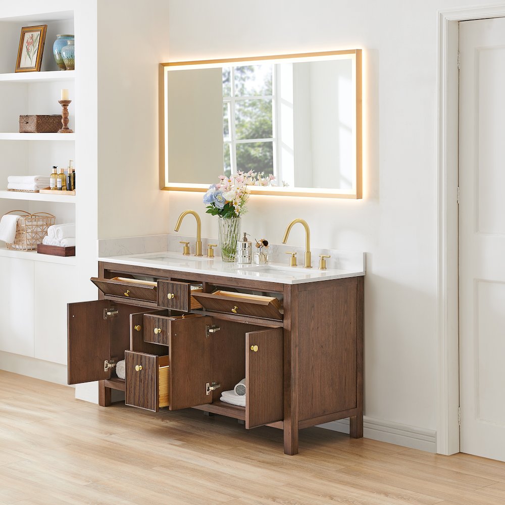 Double Bathroom Vanity in Brown Oak Grain White Engineered Stone Countertop. Picture 4