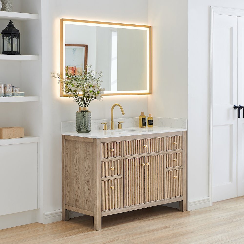 Single Bathroom Vanity in Nature Oak Grain White Engineered Stone Countertop. Picture 3