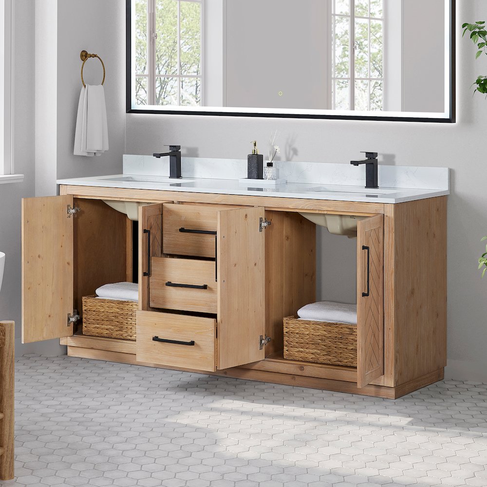 72" Double Bathroom Vanity with Grain White Countertop without Mirror. Picture 4