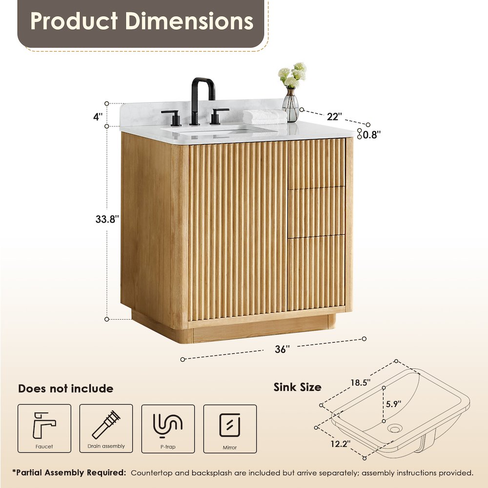 36" Single Bathroom Vanity in Washed Light Brown with Grain White. Picture 12