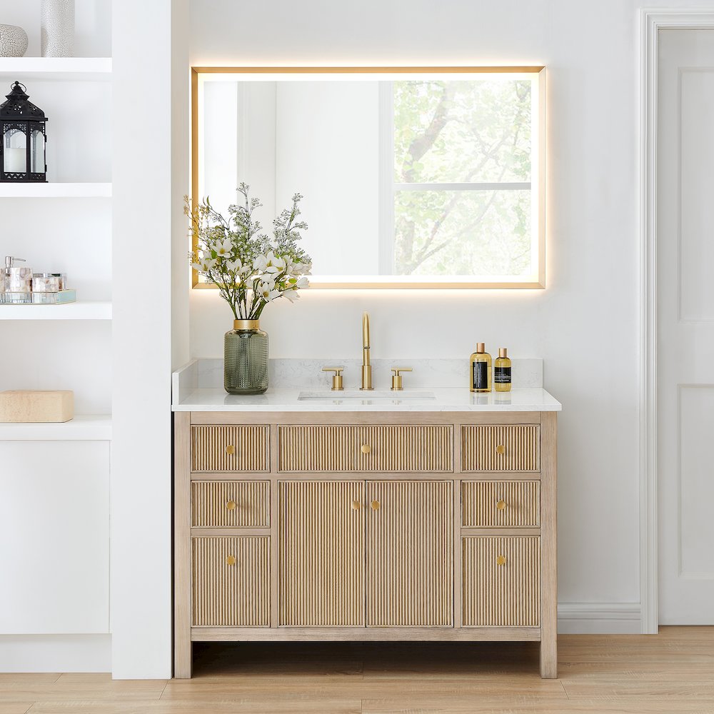 Single Bathroom Vanity in Nature Oak Grain White Engineered Stone Countertop. Picture 2