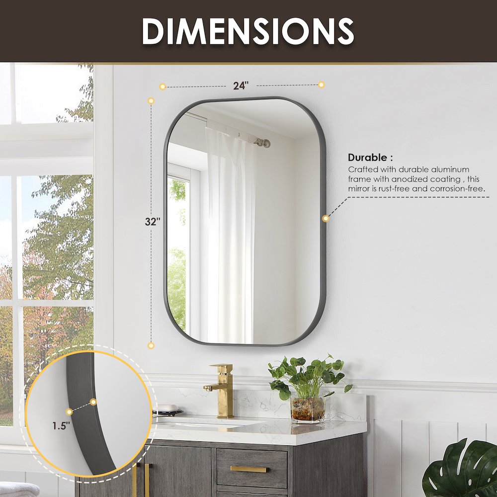 24x32" Rectangular Aluminum Framed in Gunmetal Modern Bathroom Wall Mirror. Picture 12
