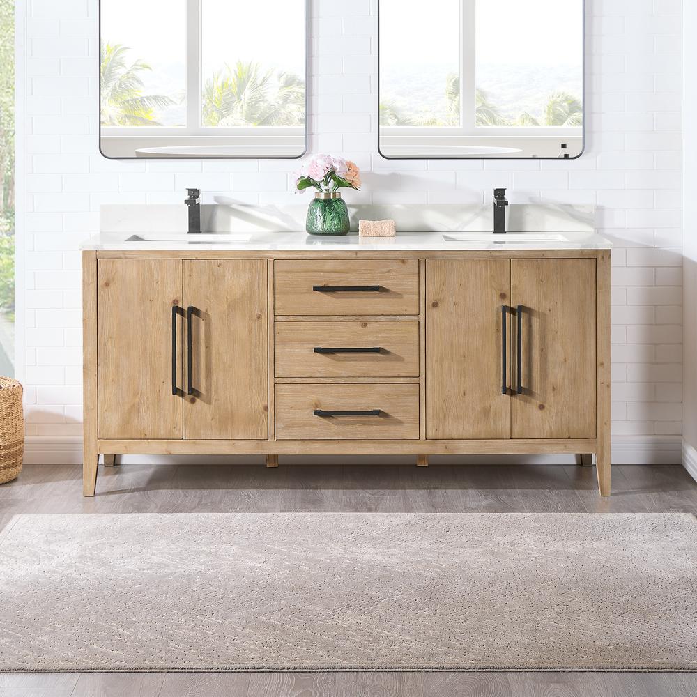 Double Bathroom Vanity in Weathered Fir with Stone Countertop without Mirror. Picture 2