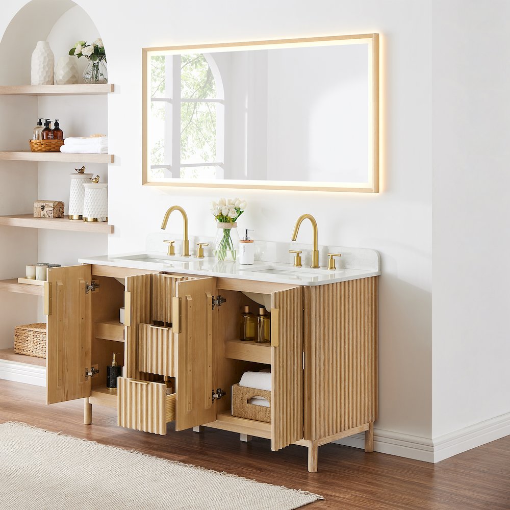 Double Bathroom Vanity in Washing Light Brown Grain White Engineered Stone. Picture 5