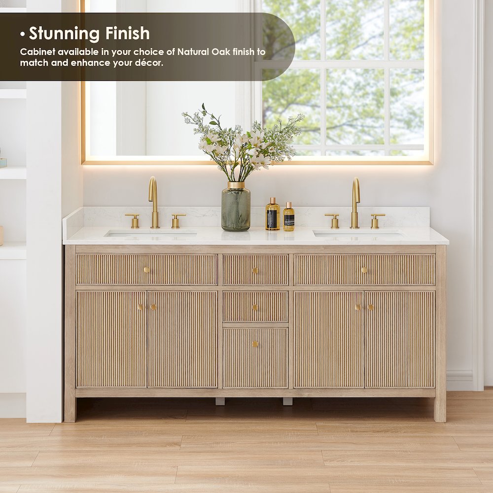 Double Bathroom Vanity in Nature Oak Grain White Engineered Stone Countertop. Picture 5