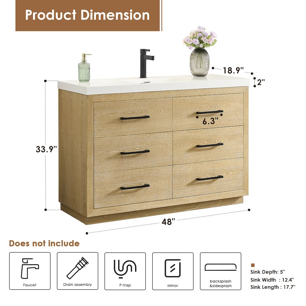 48" Single Bathroom Vanity in White Oak with White Artificial Drop-in Sink. Picture 10