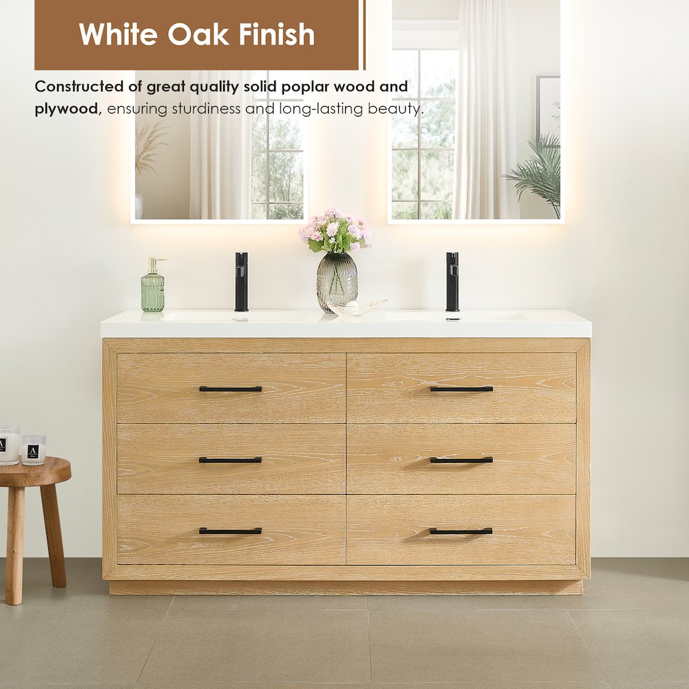 60" Double Bathroom Vanity in White Oak with White Artificial Drop-in Sink. Picture 8