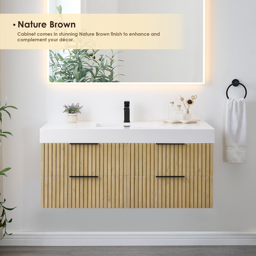 Single Bathroom Vanity in Nature Brown White Artificial Drop-in Sink. Picture 4