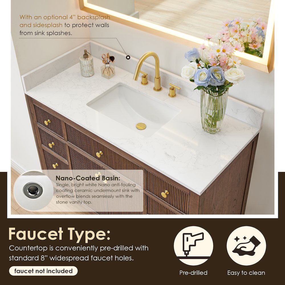 Single Bathroom Vanity in Brown Oak Grain White Engineered Stone Countertop. Picture 6