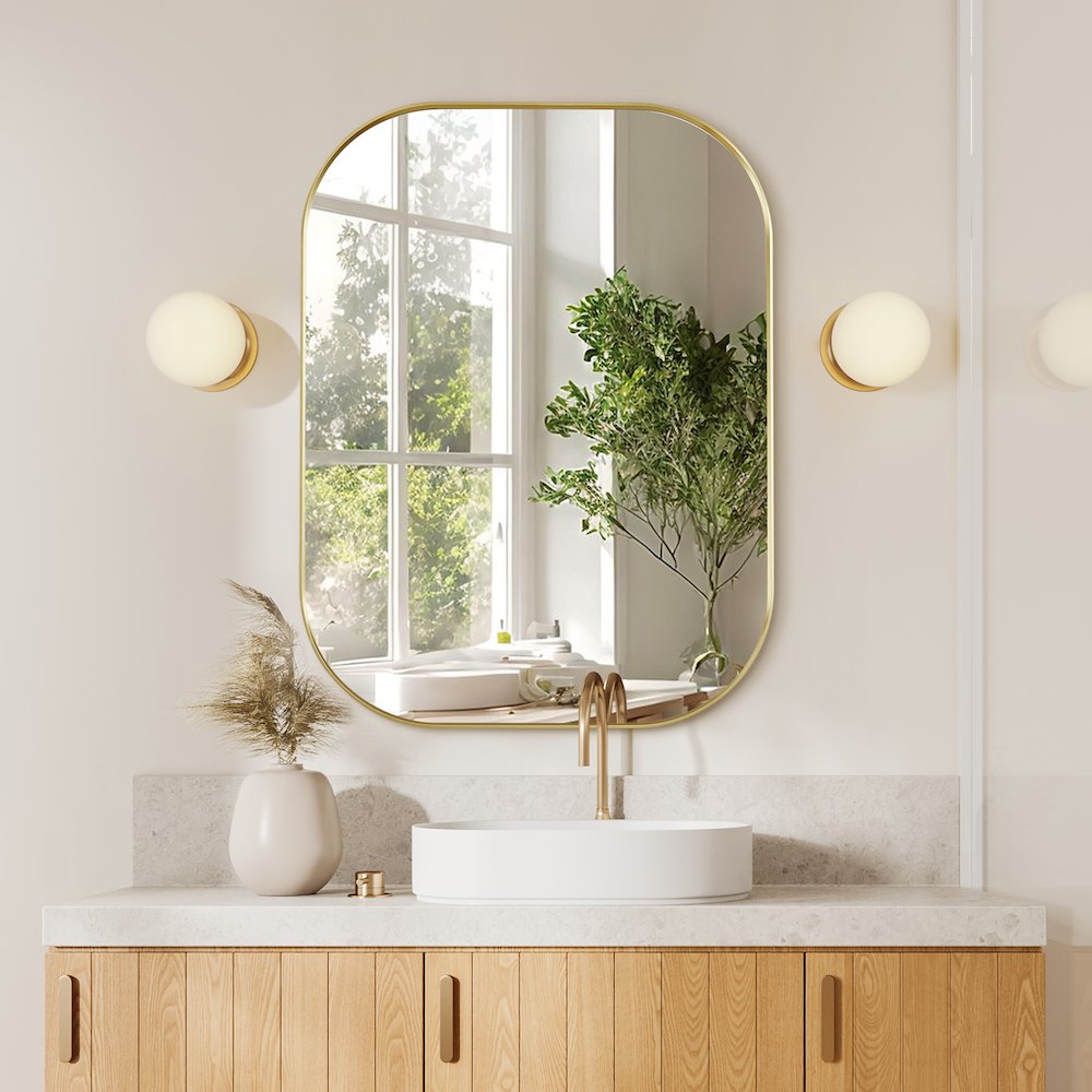 24x32" Rectangular Aluminum Framed in Brushed Gold Modern Bathroom Wall Mirror. Picture 6