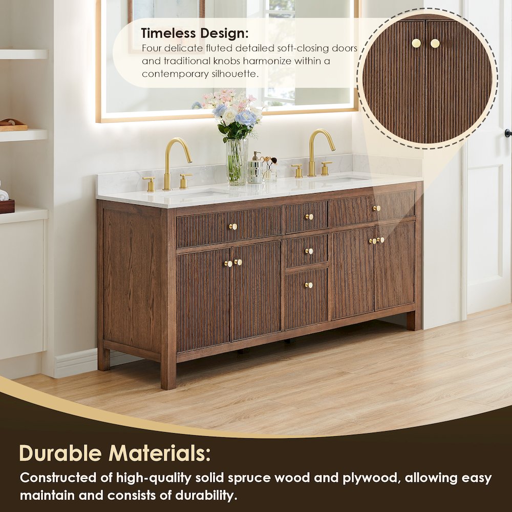 Double Bathroom Vanity in Brown Oak Grain White Engineered Stone Countertop. Picture 8