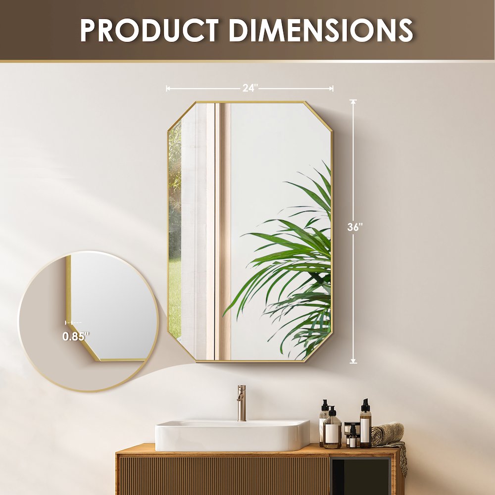 24"x36" Octagon Aluminum Framed in Brushed Gold Modern Bathroom Wall Mirror. Picture 14