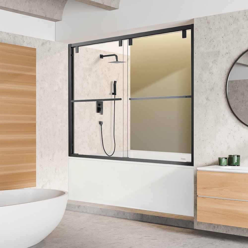 By Pass Semi Frameless Tub Door in Matte Black with Clear Glass. Picture 4