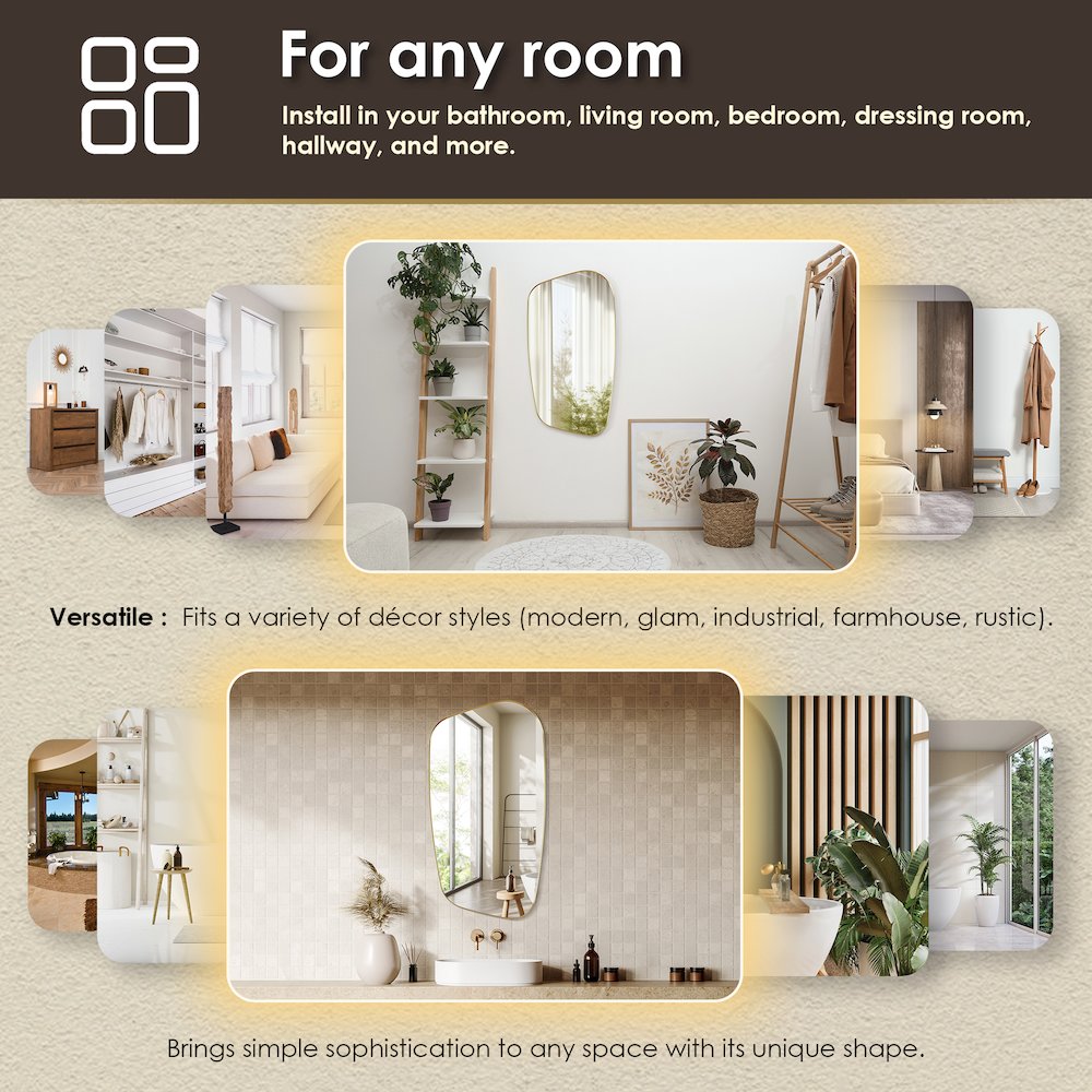 26"x48" Novelty Aluminum Framed in Brushed Gold Modern Bathroom Wall Mirror. Picture 14