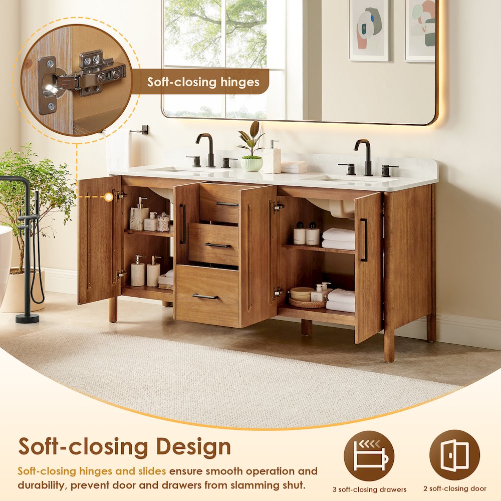 72" Double Bathroom Vanity in Mango Brown with Grain White. Picture 11