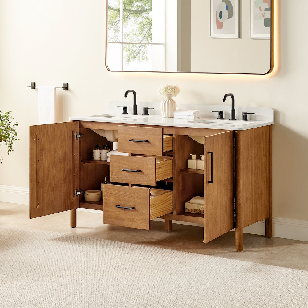 60" Double Bathroom Vanity in Mango Brown with Grain White. Picture 4