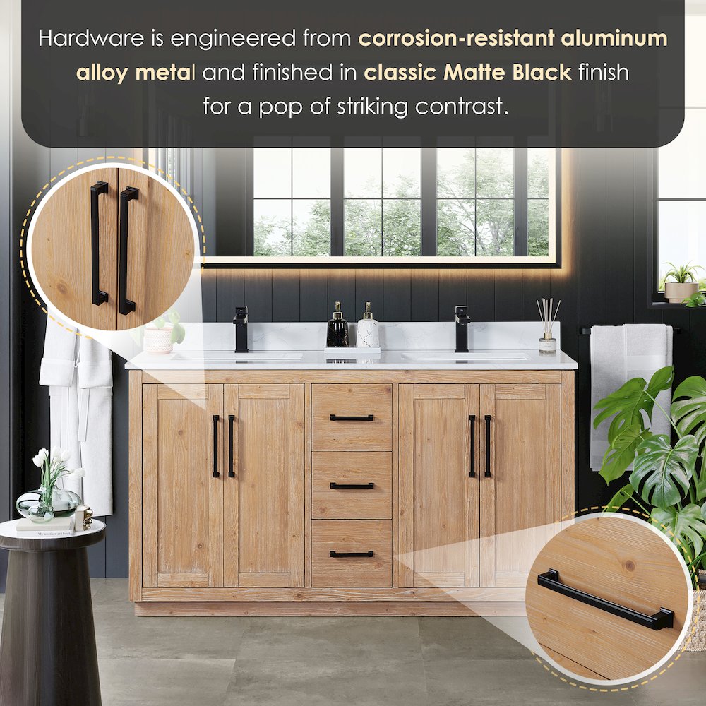 60" Double Bathroom Vanity with Grain White Countertop without Mirror. Picture 7