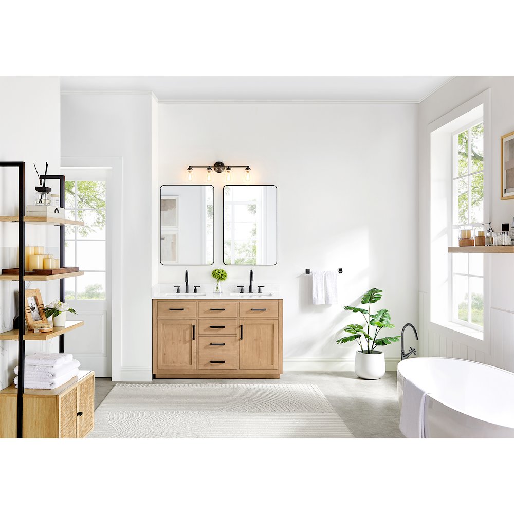 54" Double Bathroom Vanity in Light Brown with Grain White. Picture 12