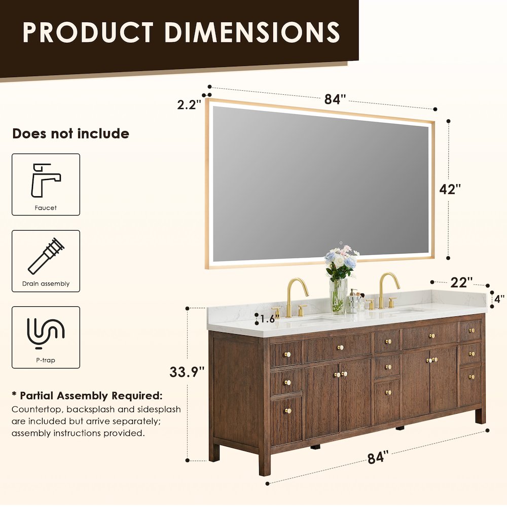 Double Bathroom Vanity in Brown Oak Grain White Engineered Stone Countertop. Picture 12
