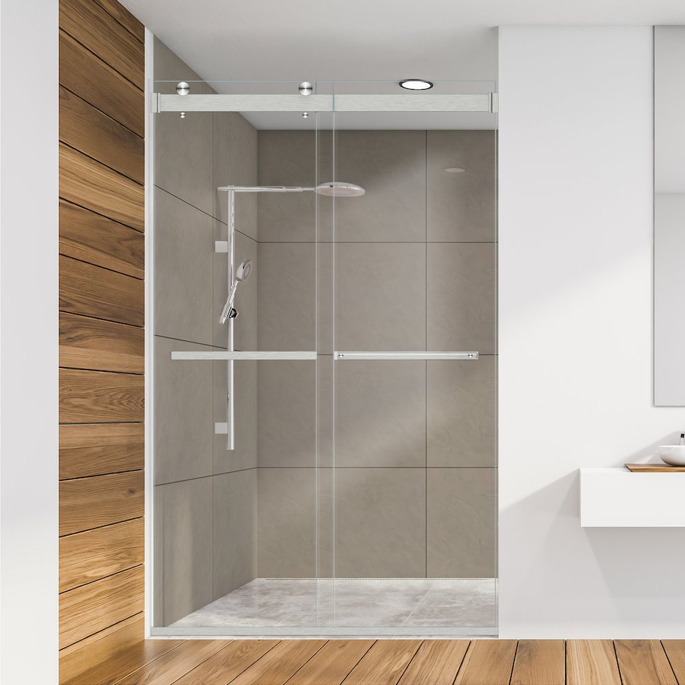 By Pass Frameless Shower Door in Brushed Nickel with Clear Glass. Picture 7