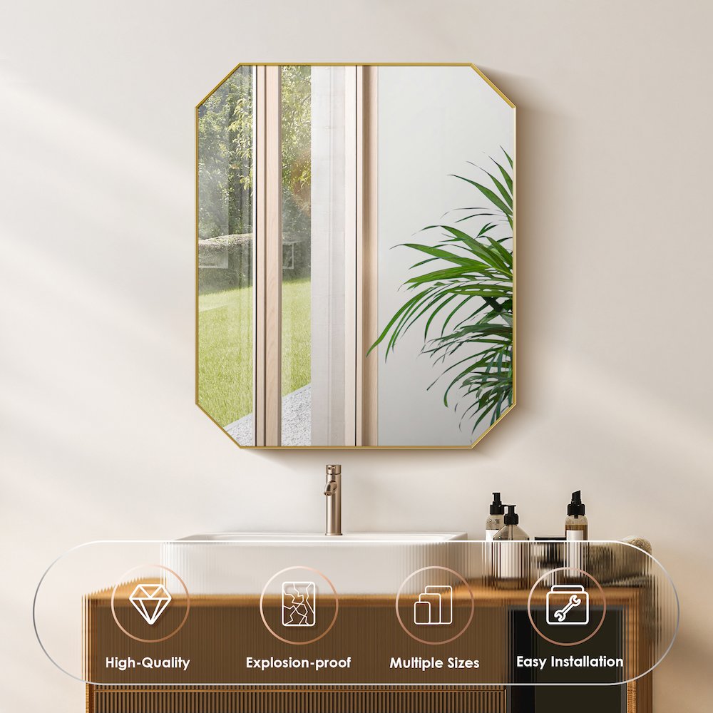 36"x30" Octagon Aluminum Framed in Brushed Gold Modern Bathroom Wall Mirror. Picture 7