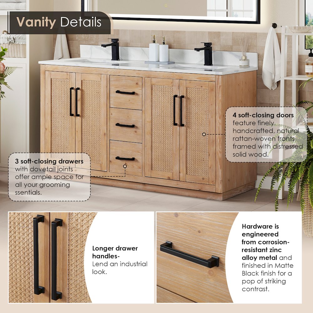 60" Double Bathroom Vanity with Calacatta White Quartz Countertop without Mirror. Picture 8