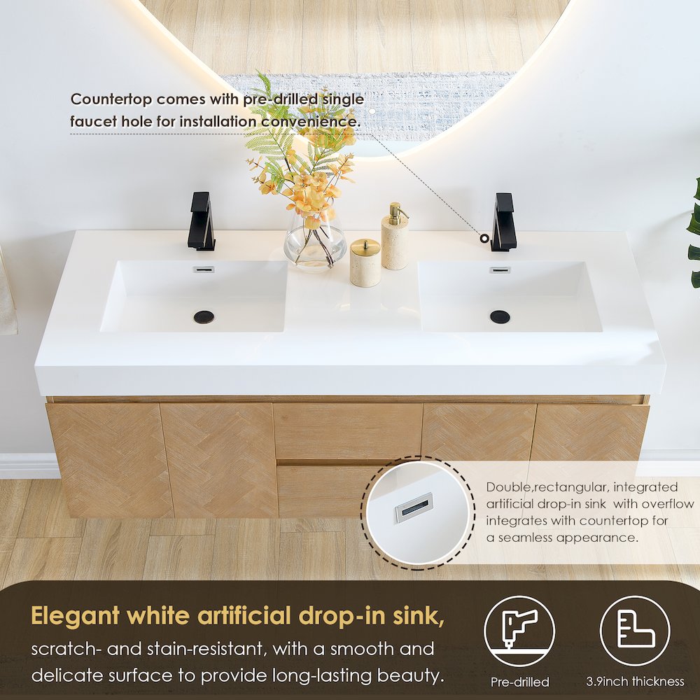 Double Bathroom Vanity in Light Brown White Artificial Drop-in Sink. Picture 7