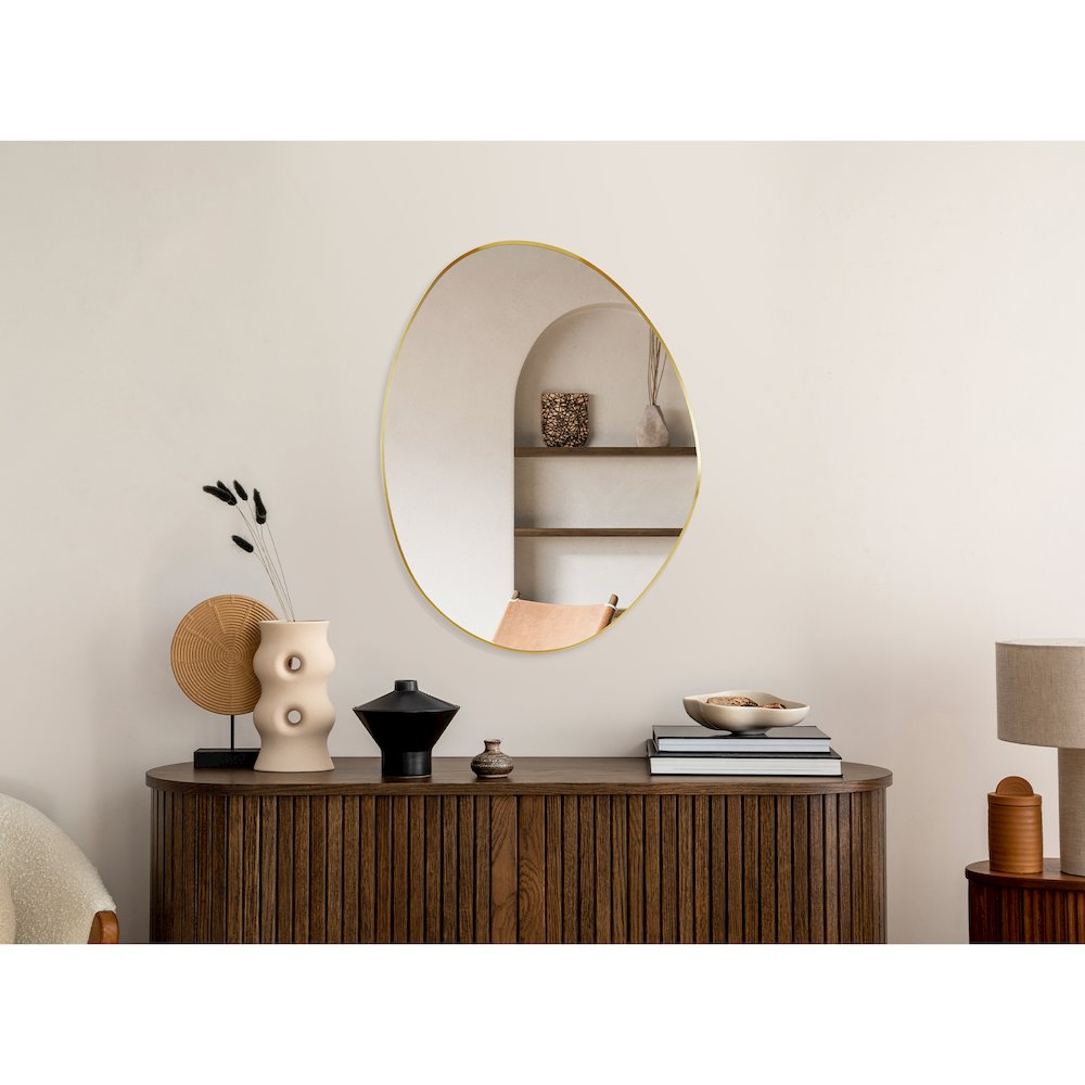 28"x36" Irregular Aluminum Framed in Brushed Gold Modern Bathroom Wall Mirror. Picture 15