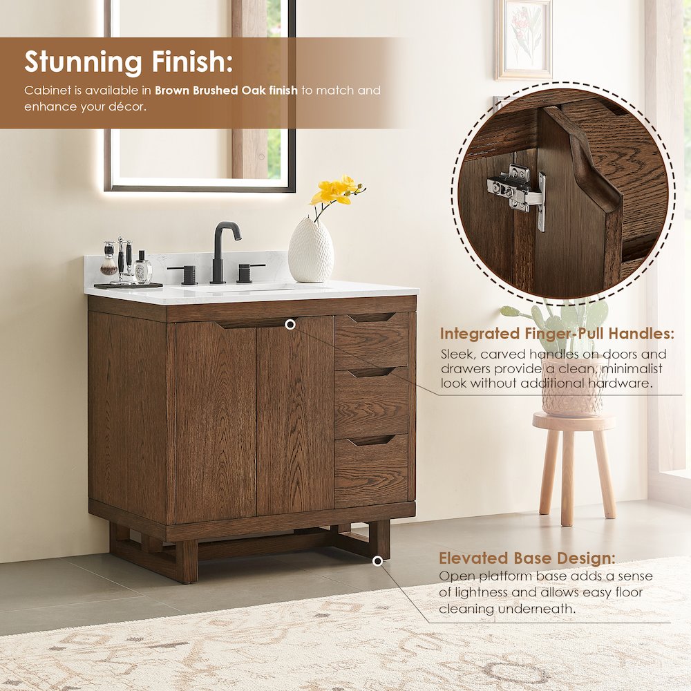 36" Single Bathroom Vanity in Brown Brushed Oak with Grain White. Picture 5
