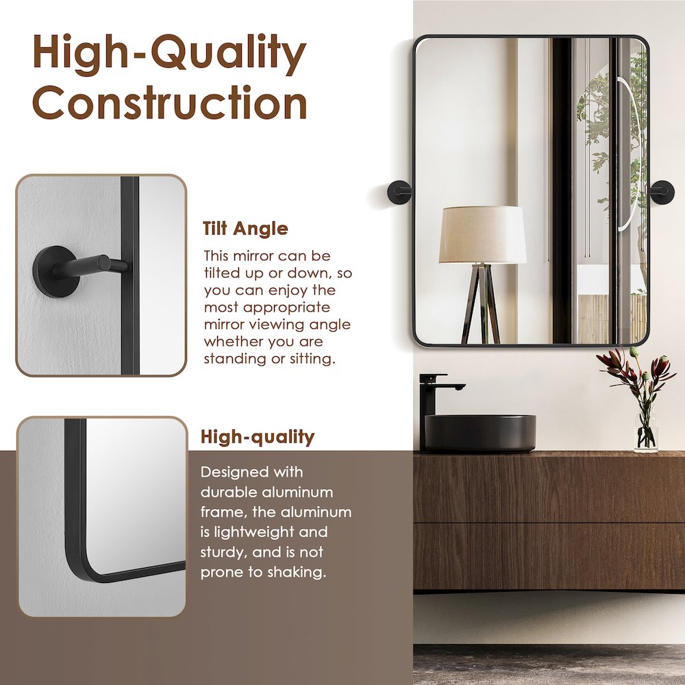 24x32'' Aluminum Framed in Matte Black Modern Bathroom Pivot Wall Mirror. Picture 10