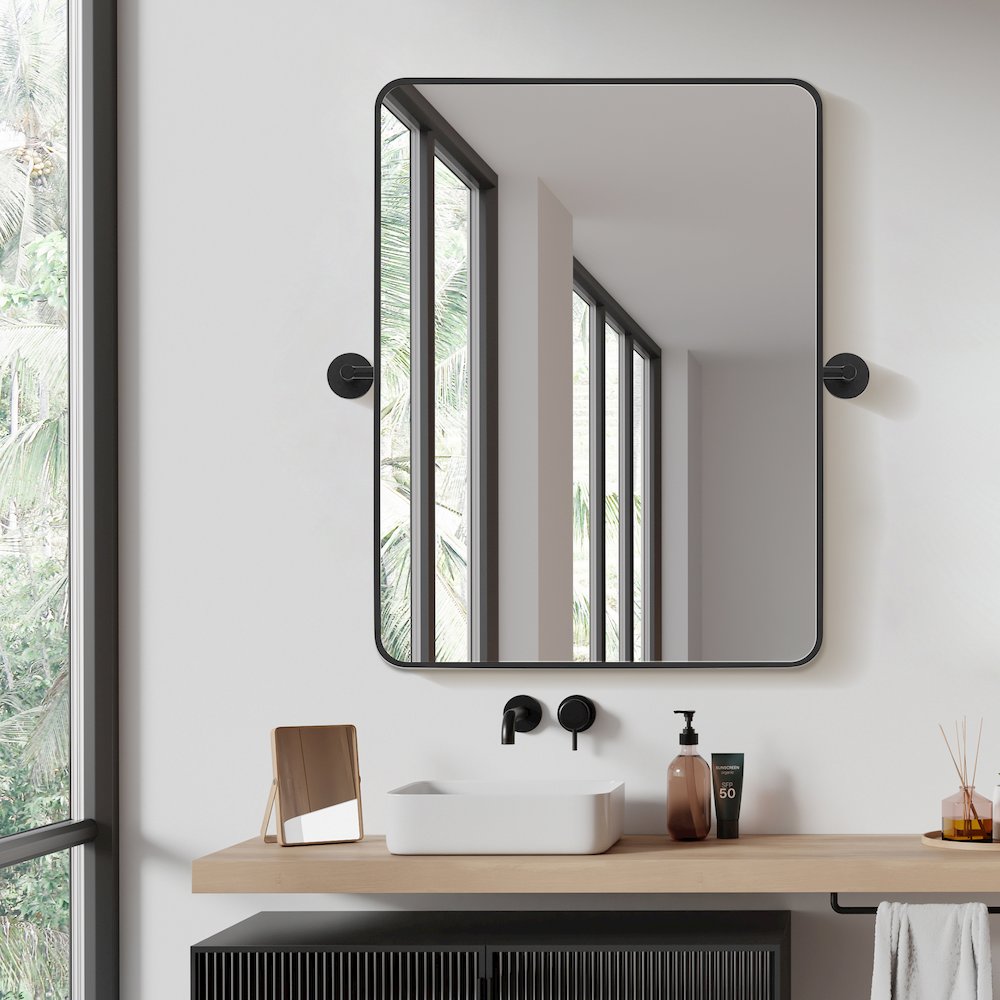 24x32'' Aluminum Framed in Matte Black Modern Bathroom Pivot Wall Mirror. Picture 7