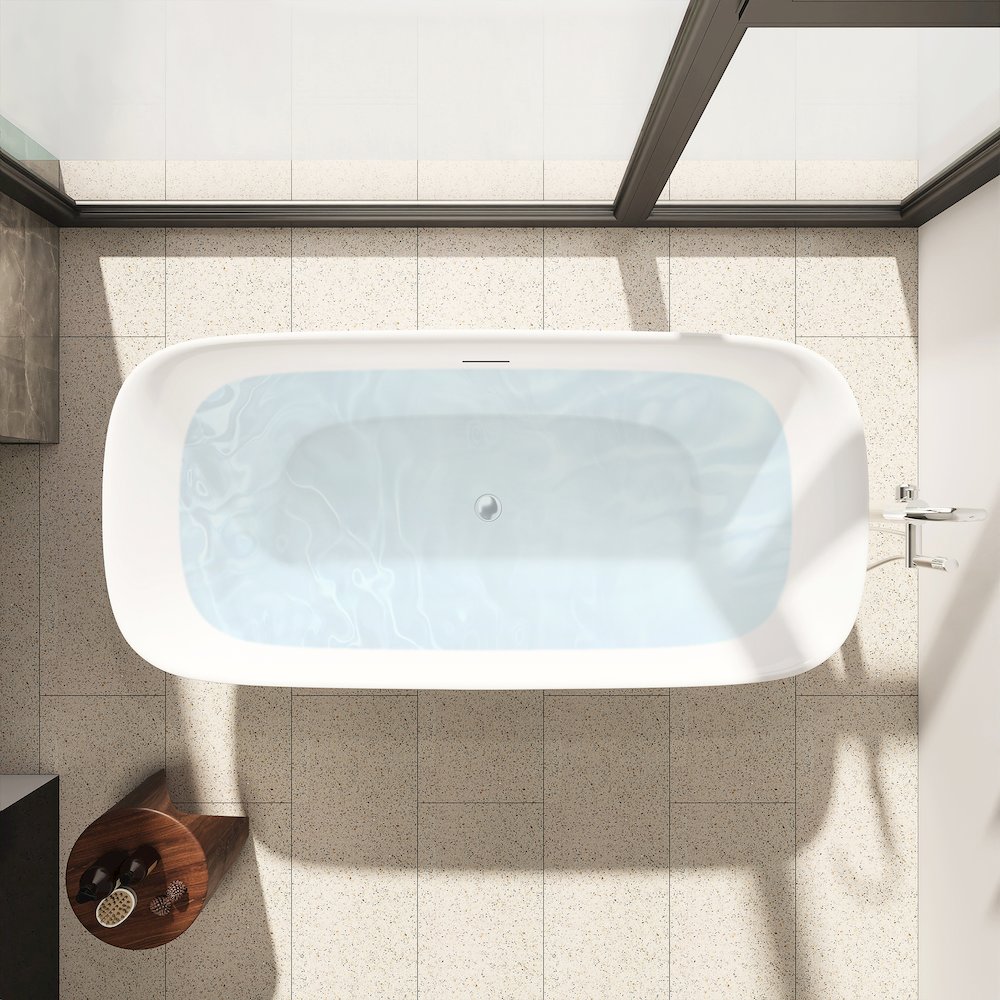 67" x 32" Flatbottom Freestanding Acrylic Soaking Bathtub in Glossy White. Picture 8