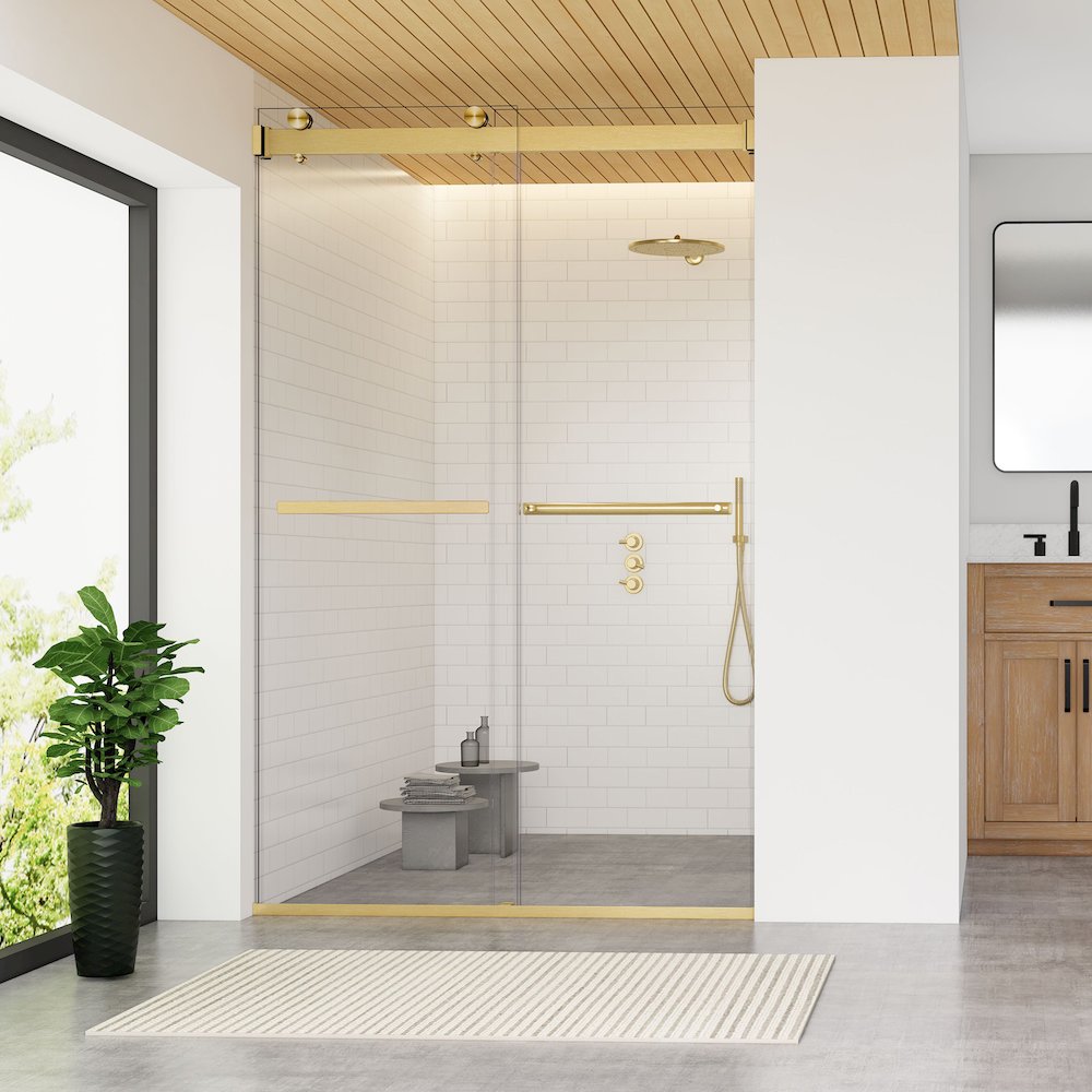 By Pass Frameless Shower Door in Brushed Gold with Clear Glass. Picture 3
