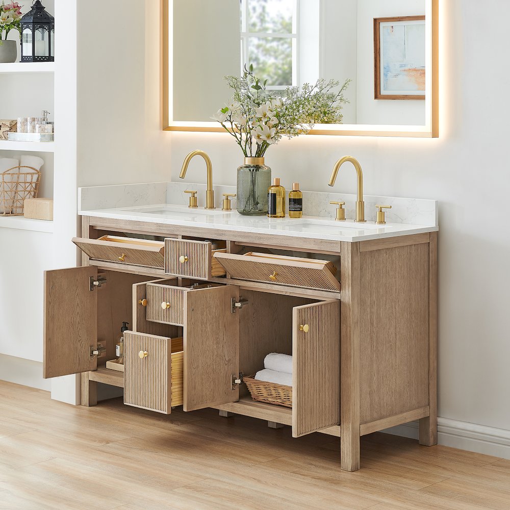 Double Bathroom Vanity in Nature Oak Grain White Engineered Stone Countertop. Picture 4