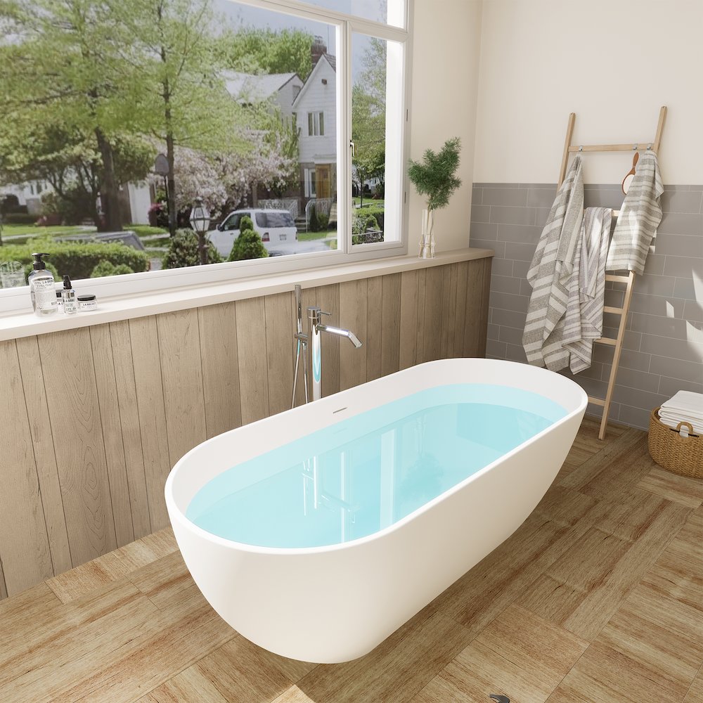 59" x 30" Solid Surface Soaking Bathtub and Integrated Overflow. Picture 8